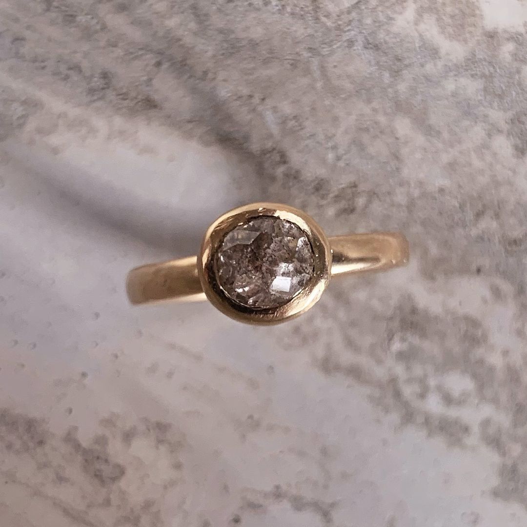 Oval Rose Cut Grey Salt & Pepper Diamond Gold Ring