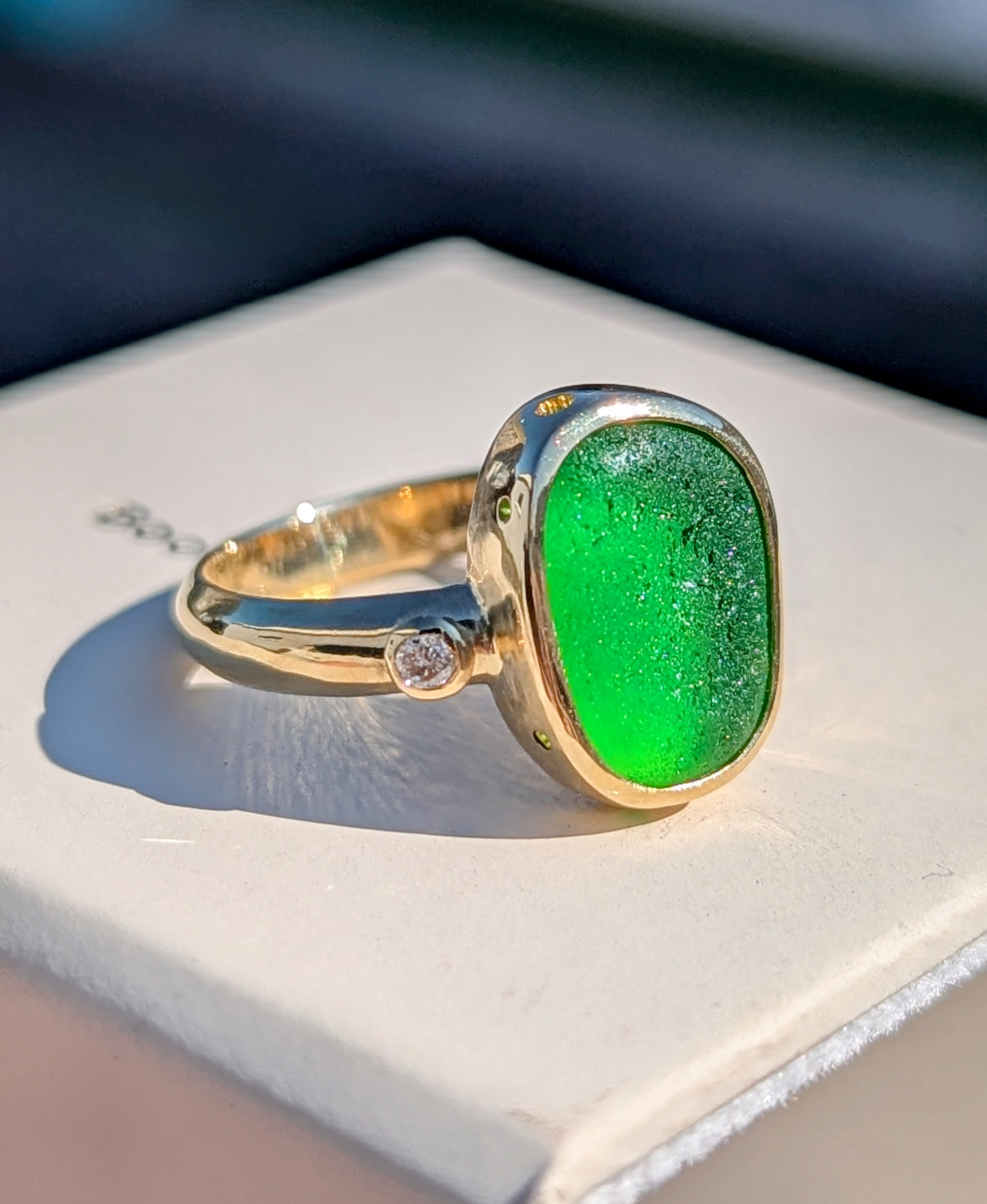 Green Sea Glass and Diamond Ring