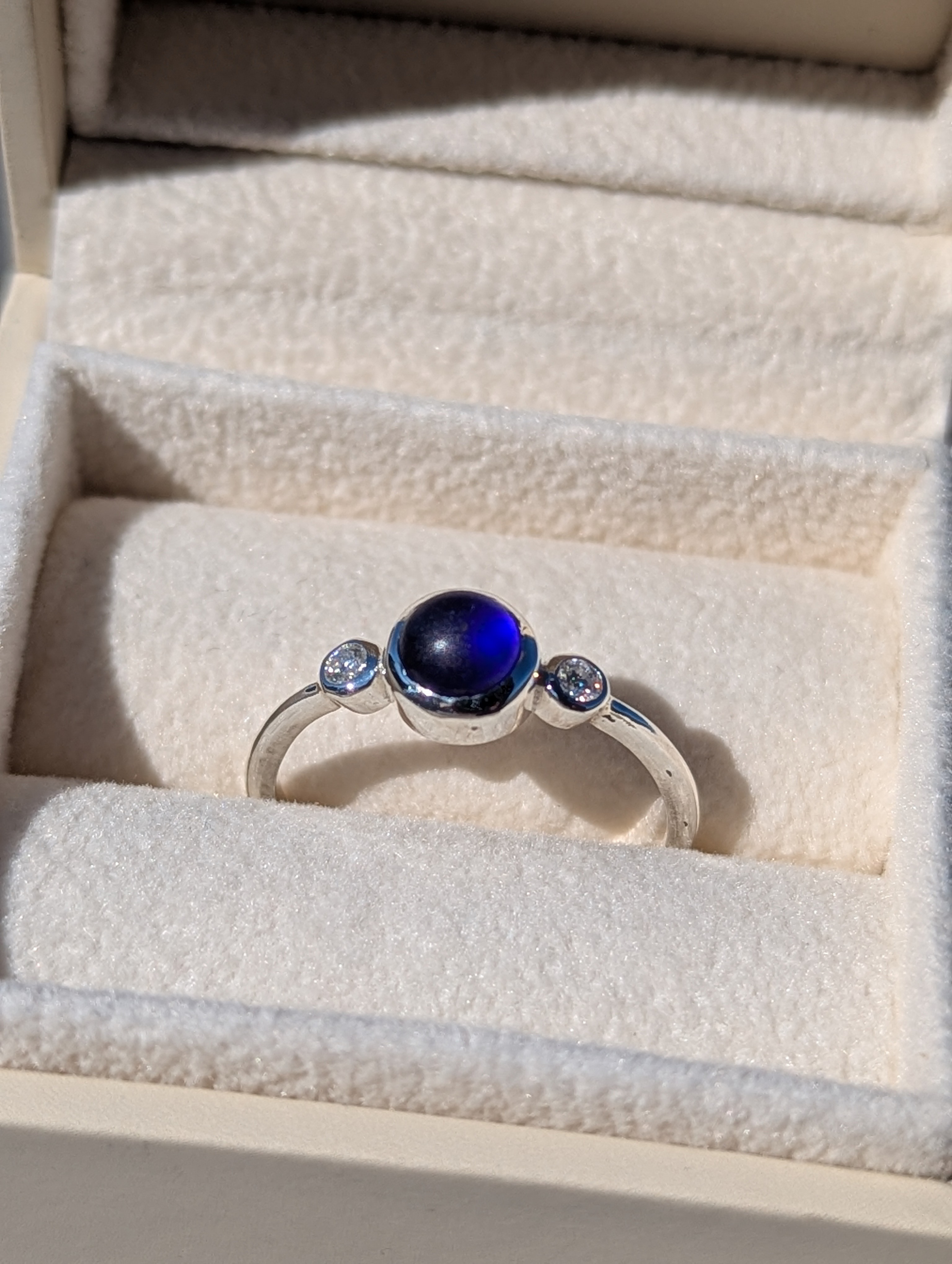 Deep Blue Sea Glass & Moissanite Engagement Ring – Sterling Silver, Handmade in Cornwall
