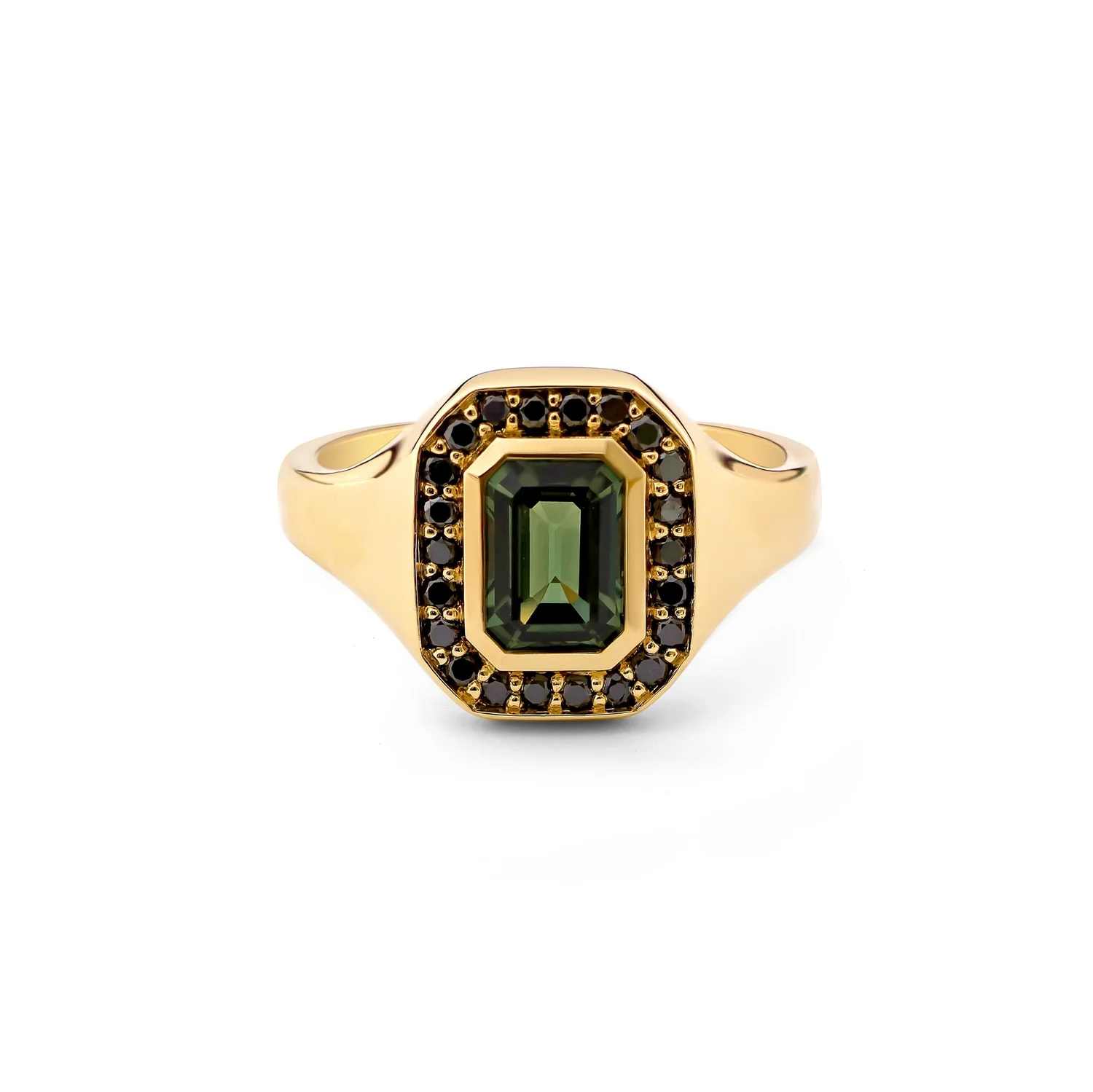 Onez – Green Sapphire Signet Ring with Black Diamond Halo