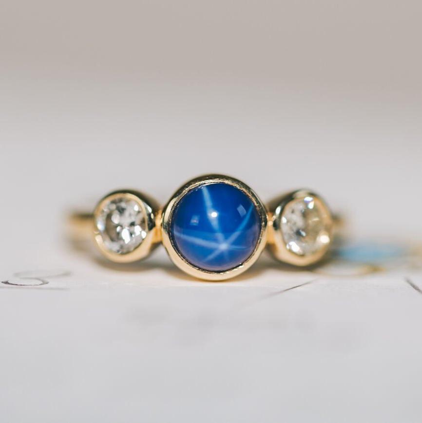 Star Sapphire and Diamond Trilogy Engagement Ring