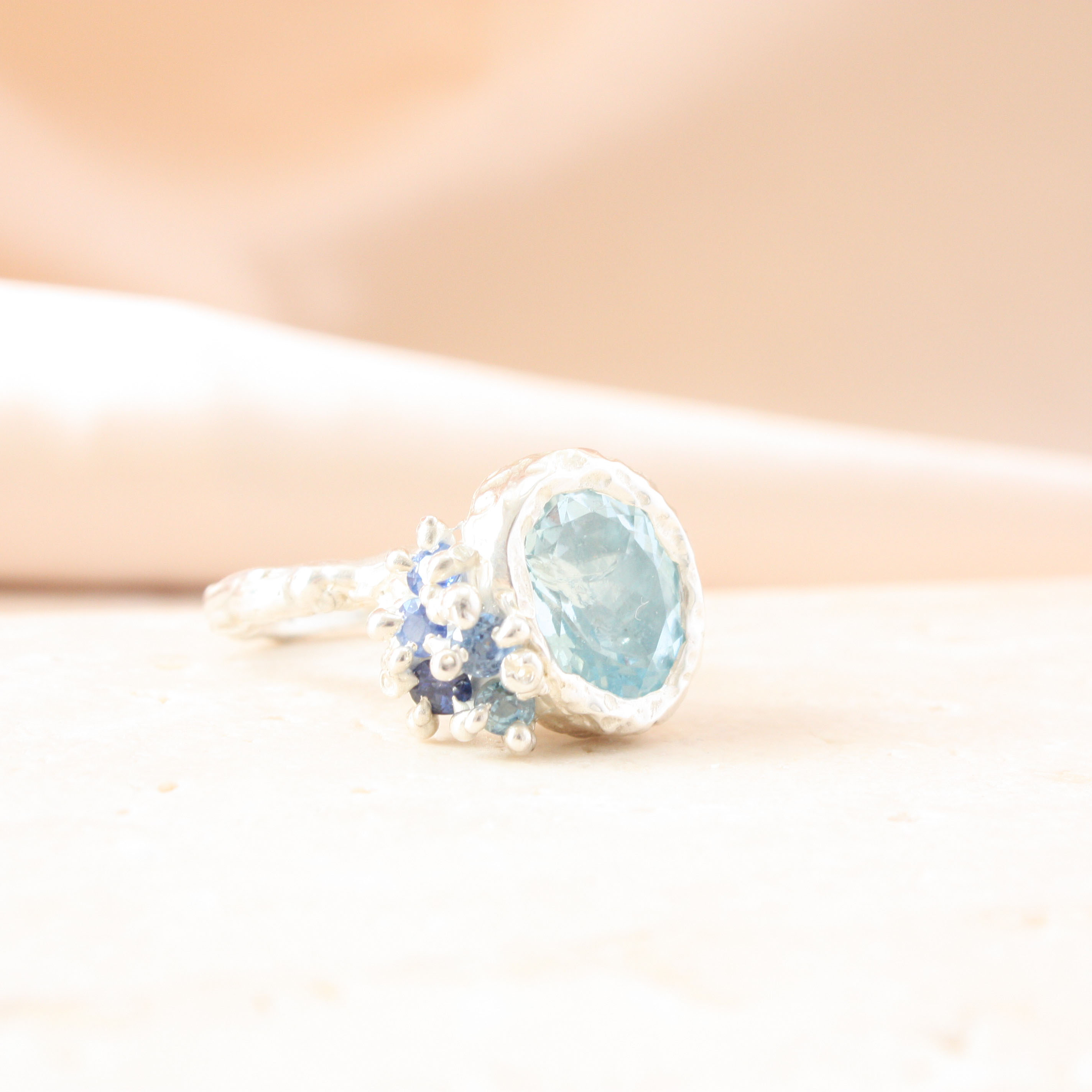 Aquamarine and Sapphire Waterfall ring