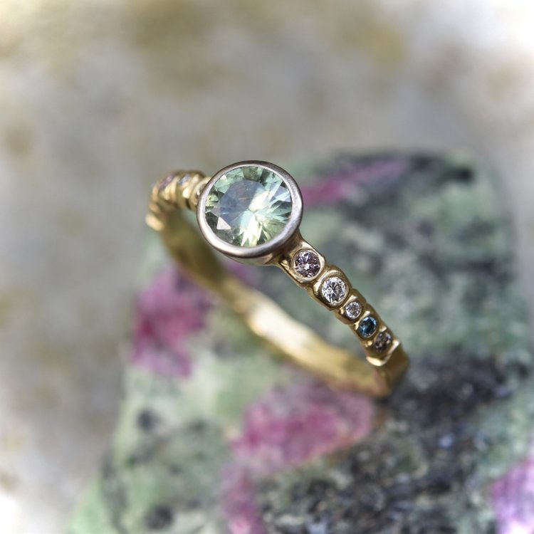 18ct Gold, Demantoid Garnet & Diamond Molten Ring