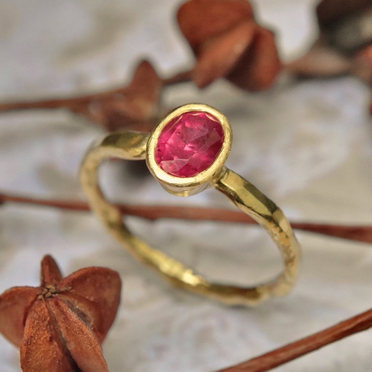 Oval Ruby 18ct Yellow Gold Molten Ring