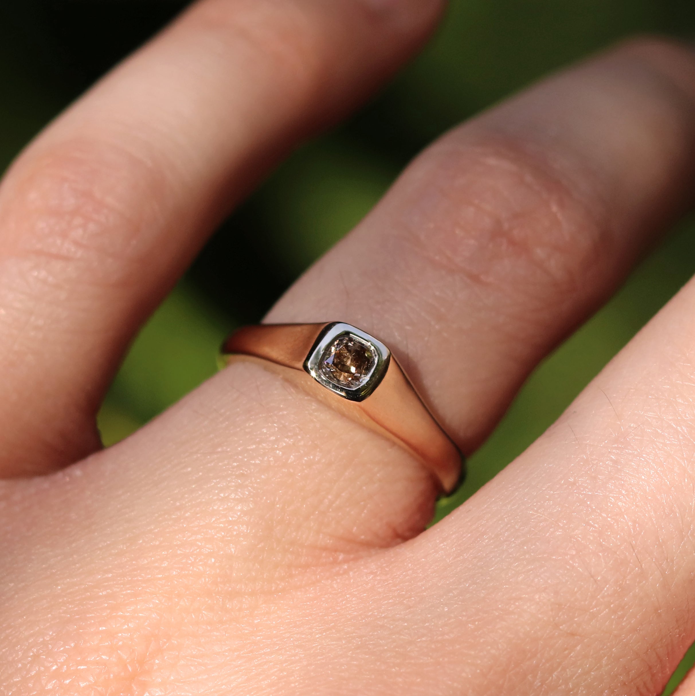 Brown Cushion Diamond Signet Ring