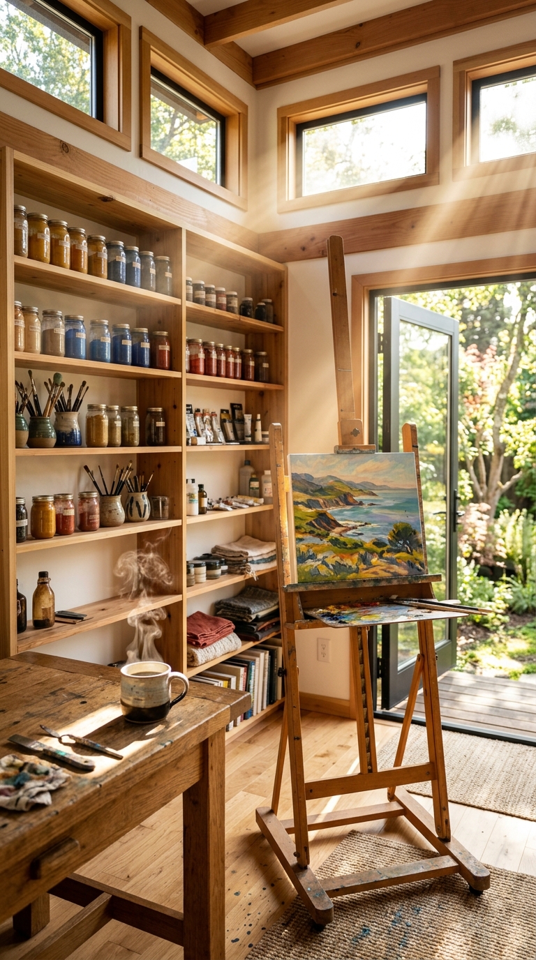 Sunlit Artisan Studio Interior with Wooden Easel, Shelving and Coffee
