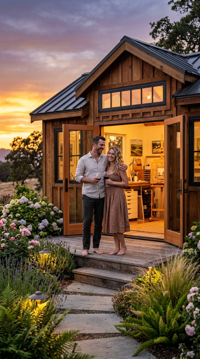 Couple at Sunset Holding Wine Outside Glowing Cedar Studio