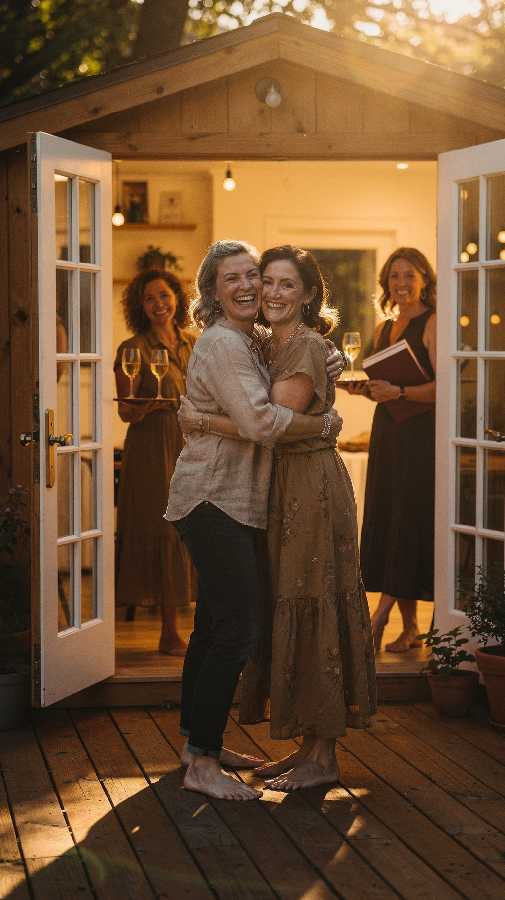 Greeting friends at open French doors with radiant hugs