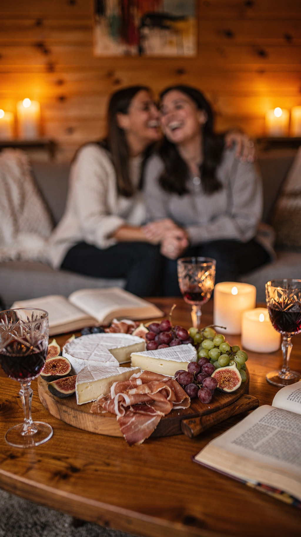 Artisan charcuterie board and wine glasses inside cedar studio