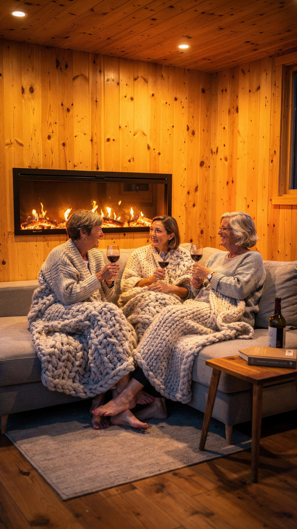 Women relaxing with wool throws by modern linear electric fireplace in cedar studio