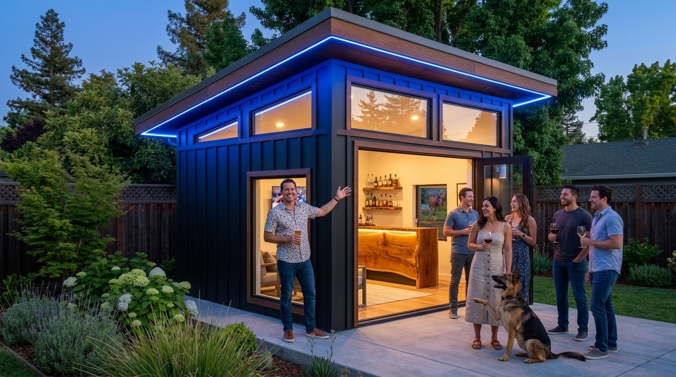 Outdoor Twilight Compound with Fire Table and Friends at The Sutter Studio