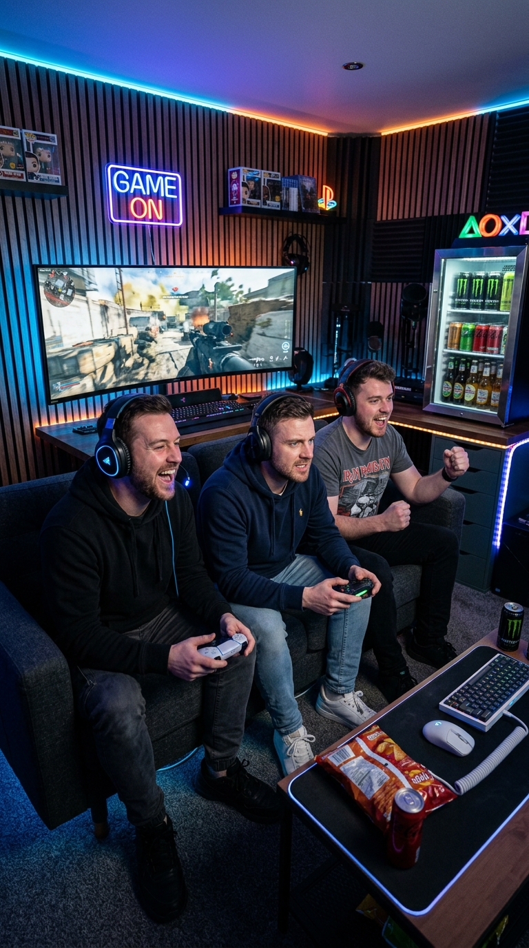 Squad gaming room inside custom backyard shed