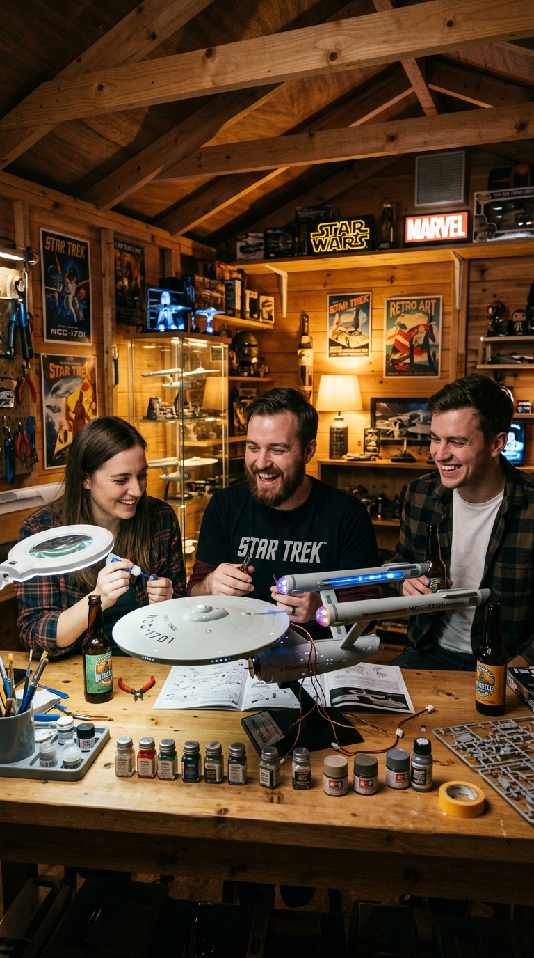 Starship Enterprise model kit workbench inside custom shed