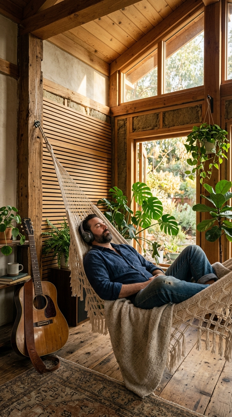 Woven cotton hammock nap inside quiet wood shed