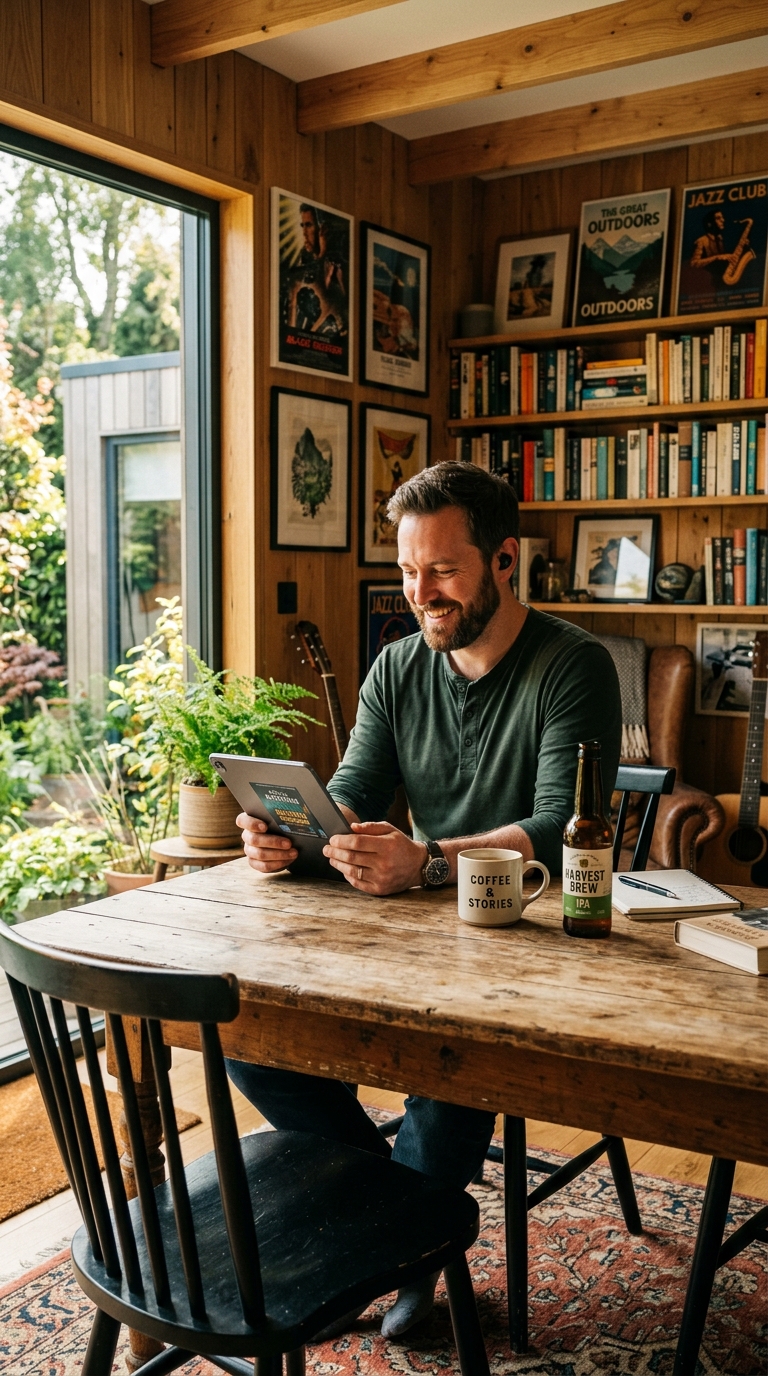 Coffee, audiobooks, and vinyl record turntable in sunlit shed
