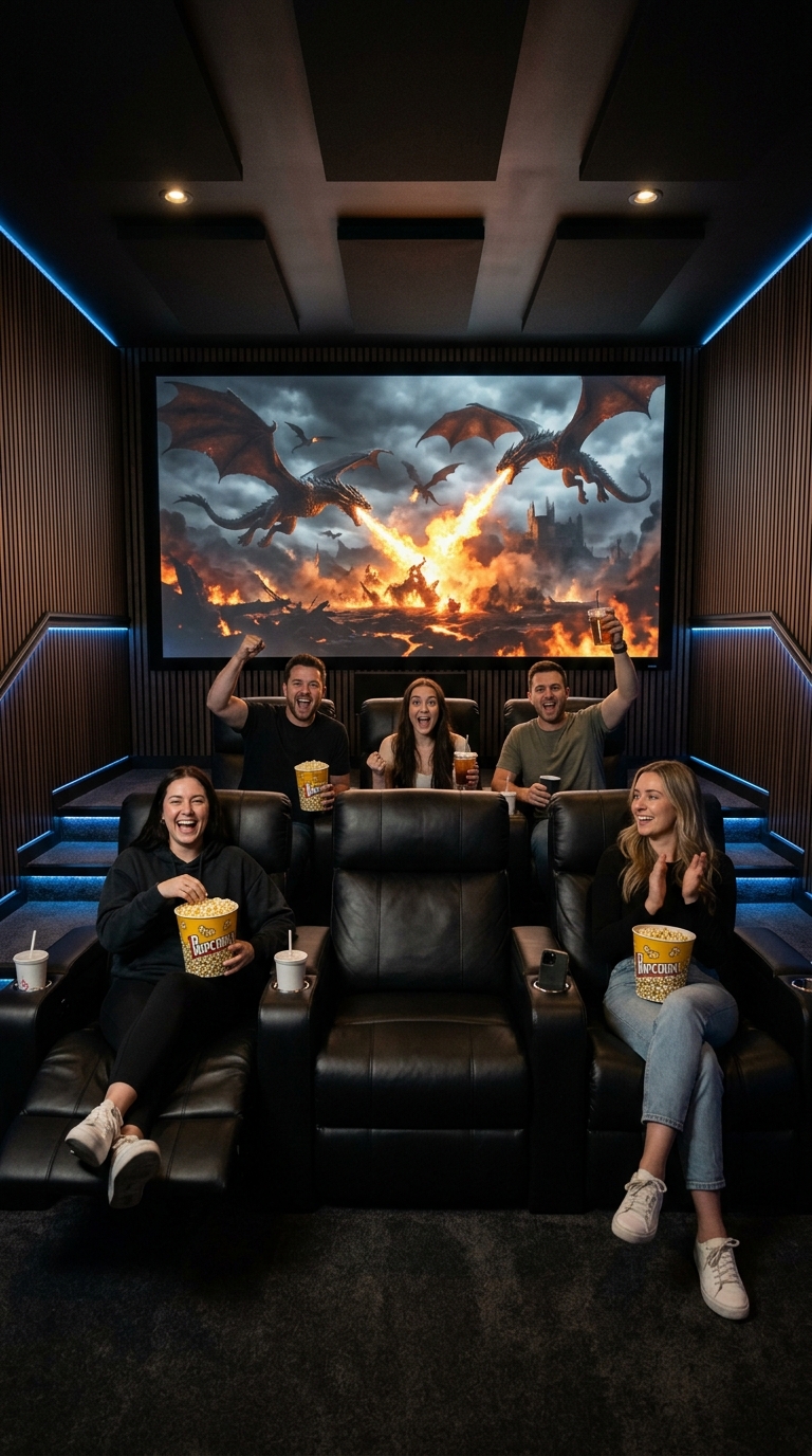Private 4K Dragon Fantasy Movie Cinema with Tiered Recliners and Popcorn in Shed