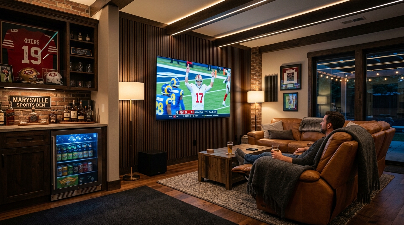 4K Game Day Sports Hub with Leather Club Seating and Acoustic Wall in Marysville