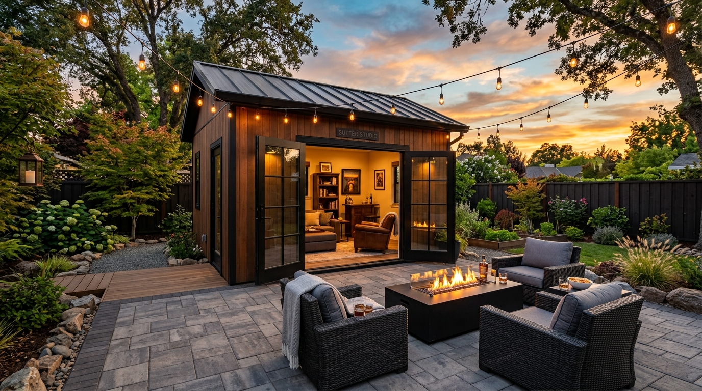VIP Sunset Showcase of Finished Sutter Studio Man Cave with Fire Table in Marysville CA