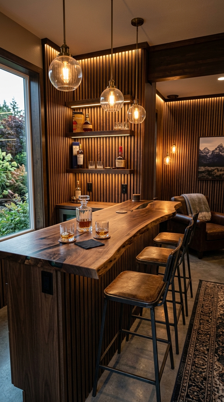 Handcrafted Live-Edge Walnut Mini-Bar in Custom Marysville Man Cave Shed