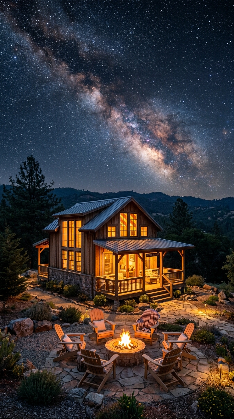 Starlit Wooden Outpost Shed with Warm Ambient Lights in Rural Sutter Backyard