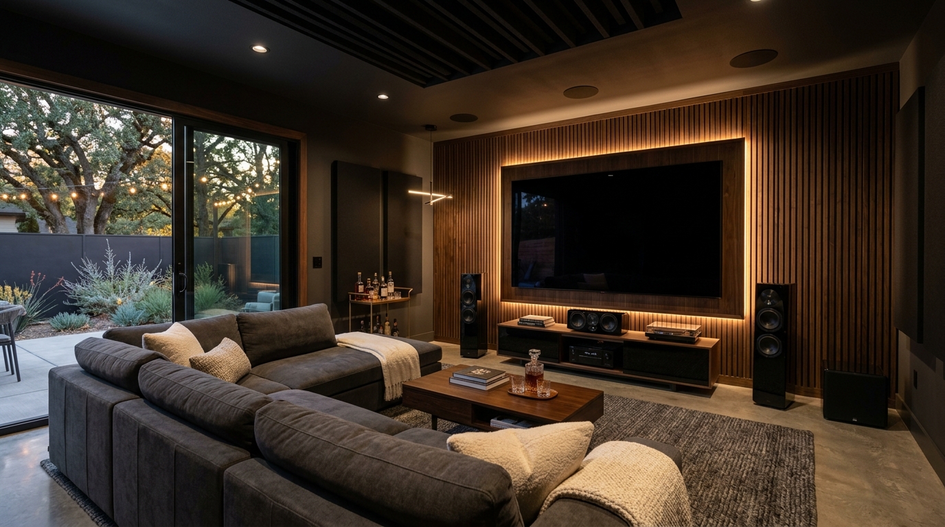 Audiophile Cinema and Gaming Room with Fluted Wood Acoustic Wall in Marysville