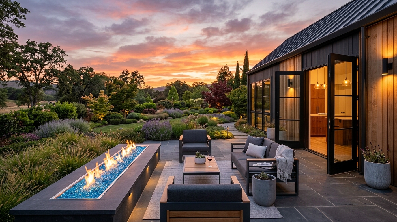 Sunset Flagstone Terrace with Blue Glass Fire Trough in Marysville CA
