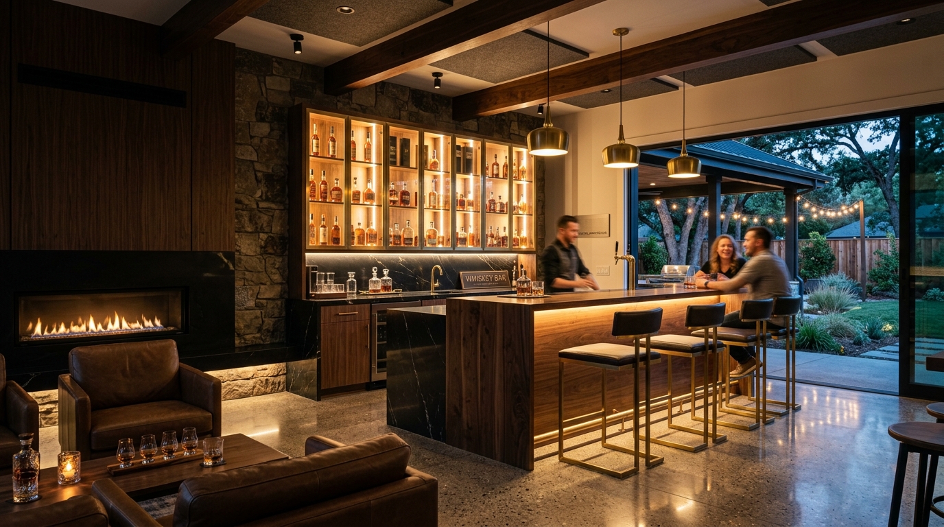 Executive Whiskey Bar and Lounge with Linear Fireplace in Marysville CA