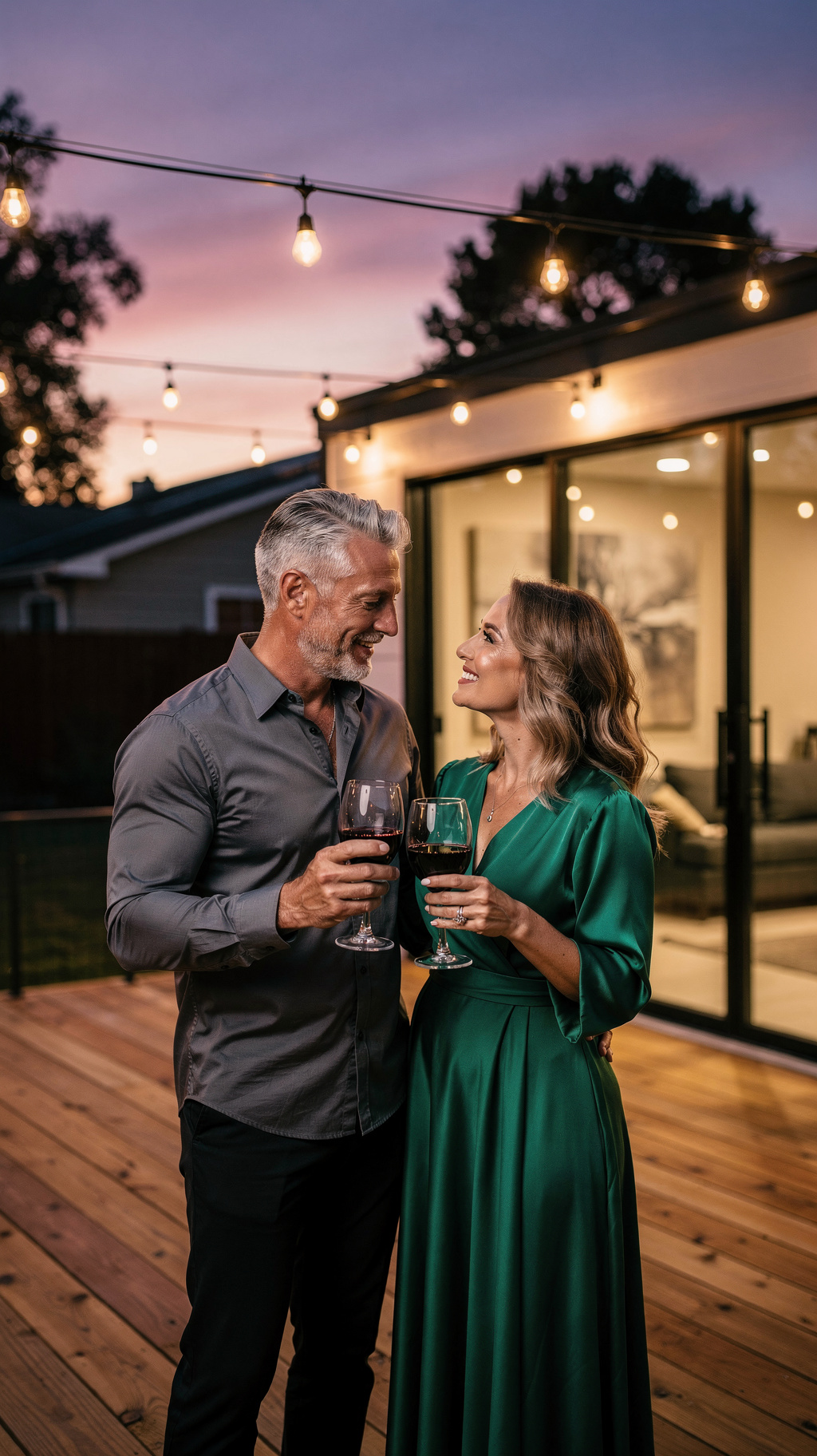 Couple toasting wine glasses at sunset on cedar deck