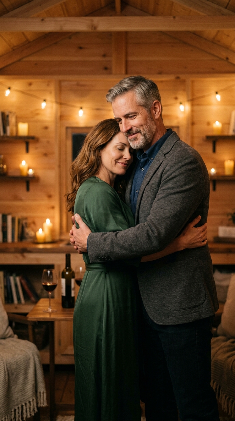 Couple slow dancing inside warm cedar studio shed