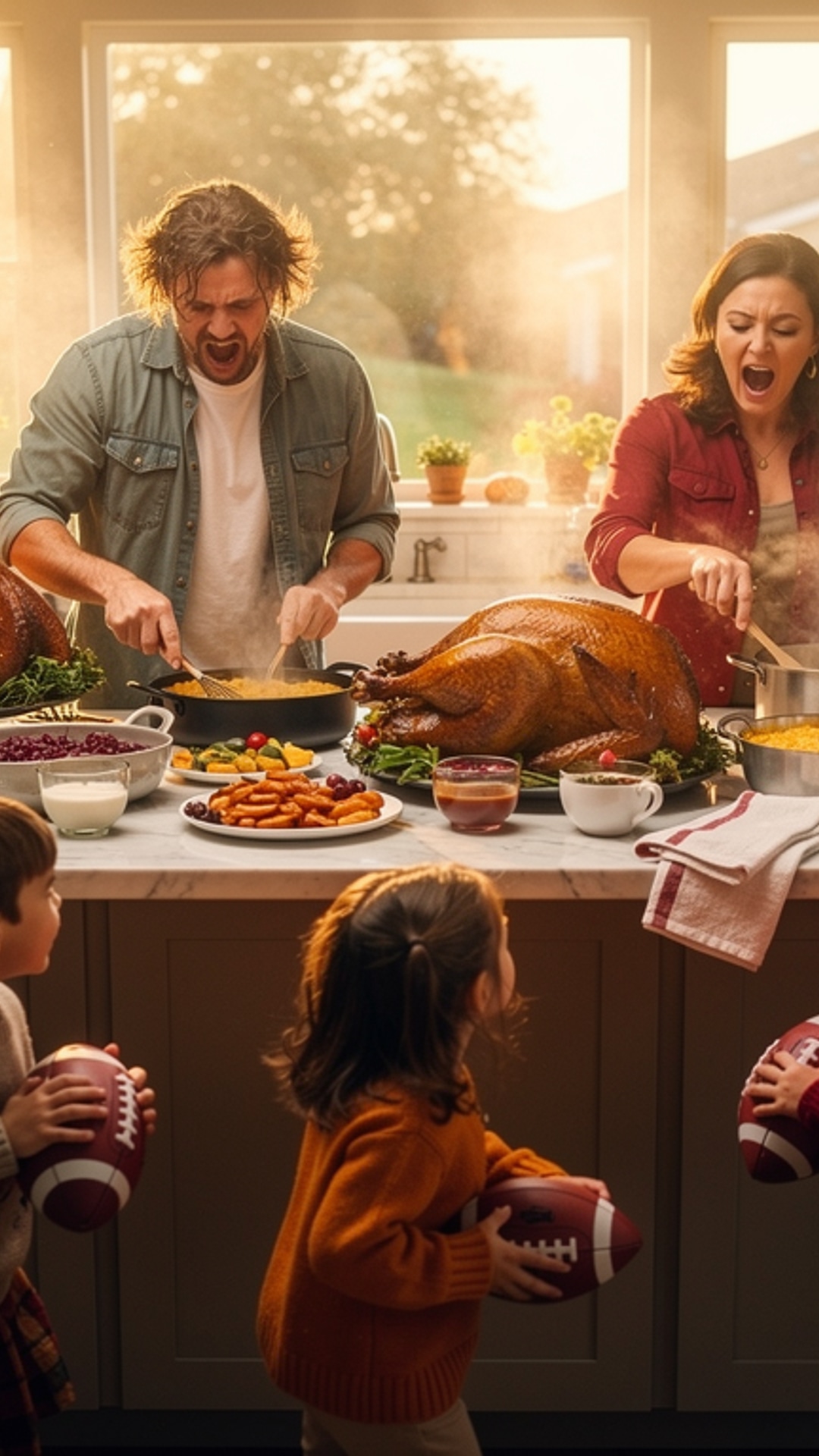 Thanksgiving kitchen chaos with crowded countertops and overwhelmed hosts in Yuba City home