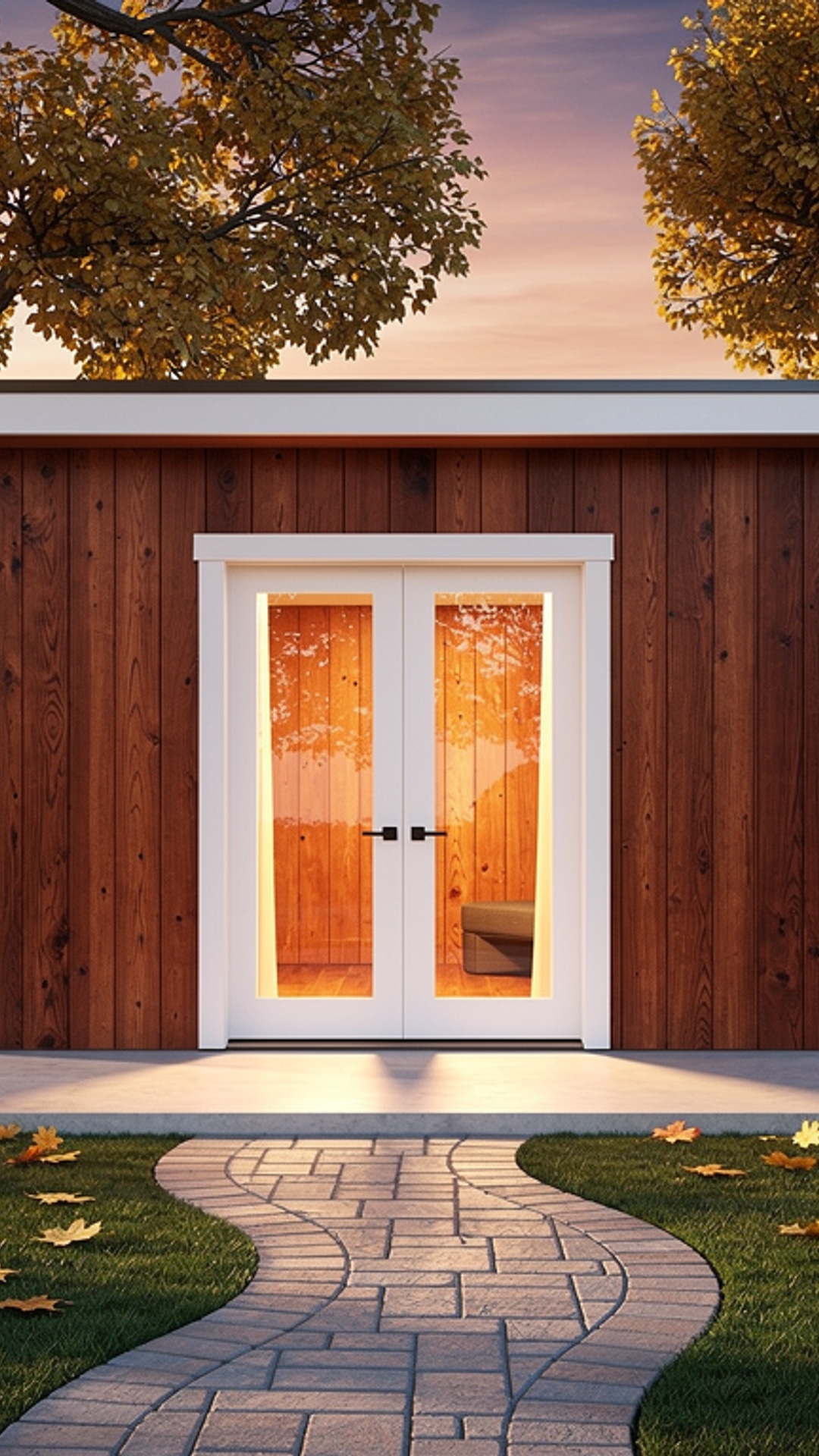 15x8 luxury redwood studio shed in Yuba City garden with stone path and golden hour light