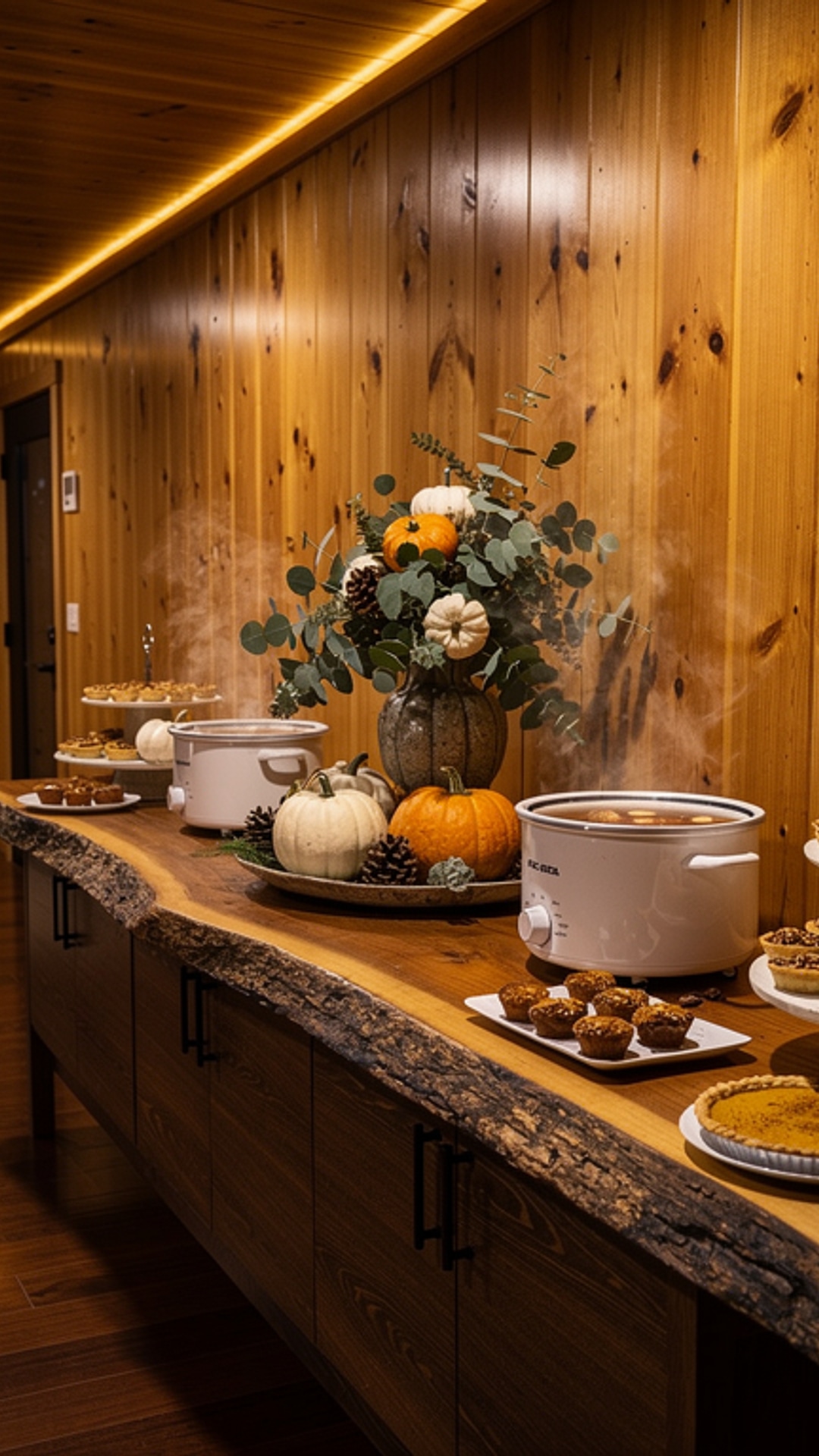 Harvest dessert buffet with spiced cider crockpots inside 15x8 shed