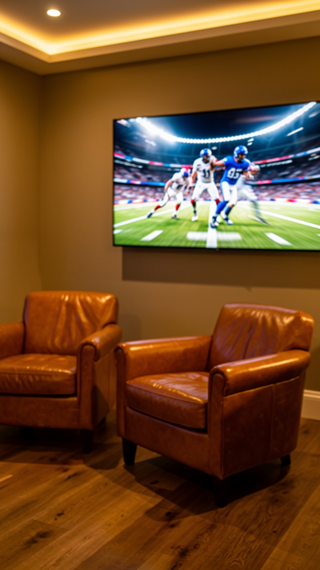 75 inch game screen and leather armchairs inside 15x8 studio shed