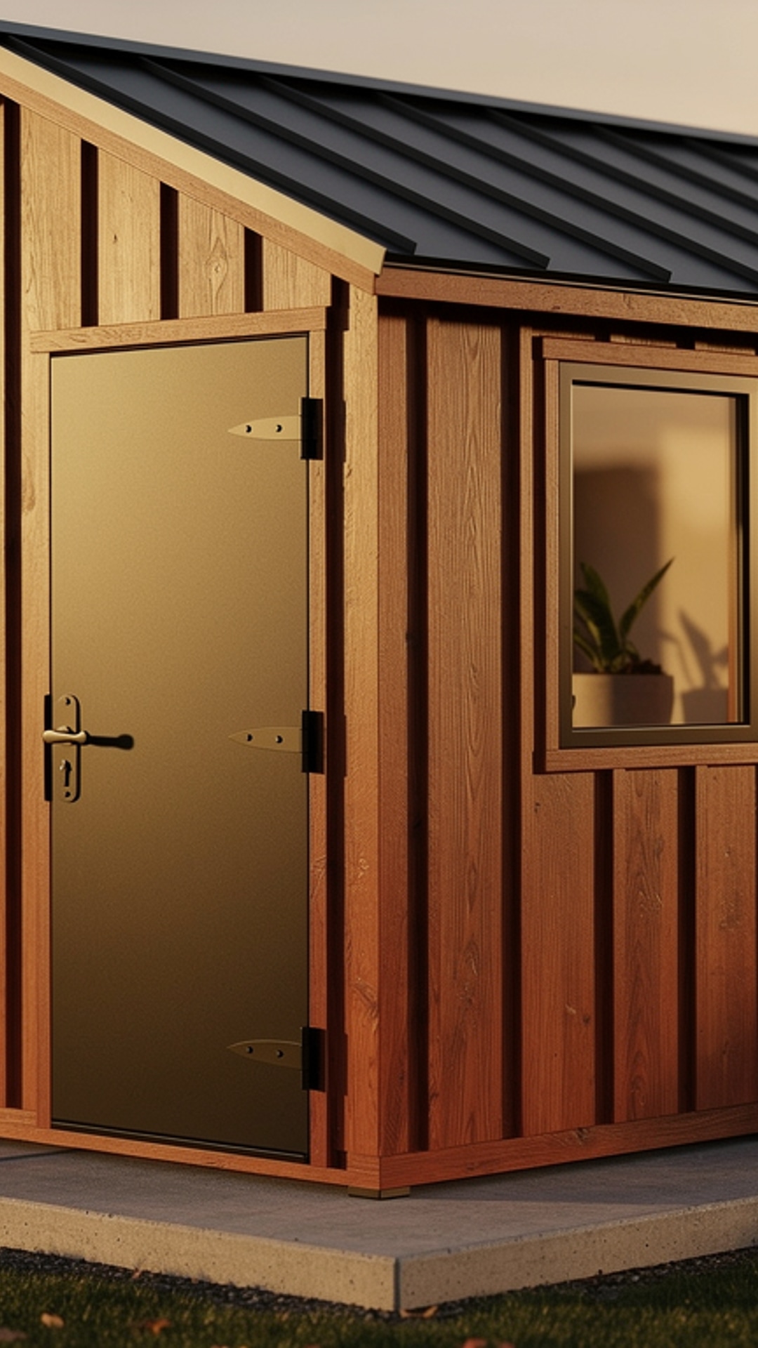 Close-up of vertical redwood board and batten siding and commercial craftsmanship on 15x8 Boxpro shed
