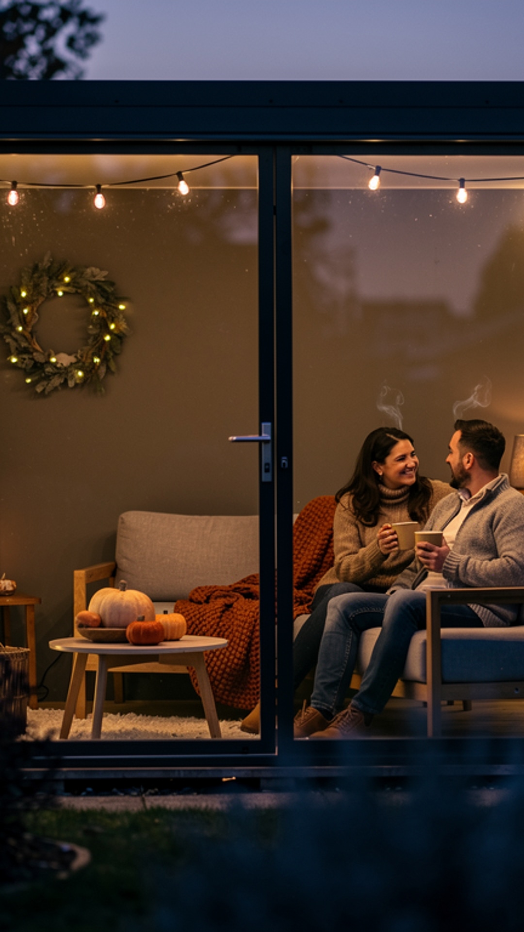Husband and wife enjoying a quiet evening moment inside glowing 15x8 custom shed studio
