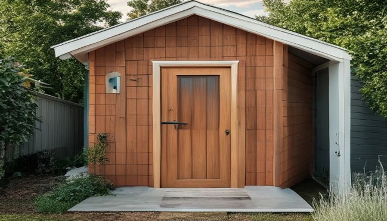 POV 1: Compact 10x12 exterior stained redwood board and batten siding with front entry door Yuba City CA
