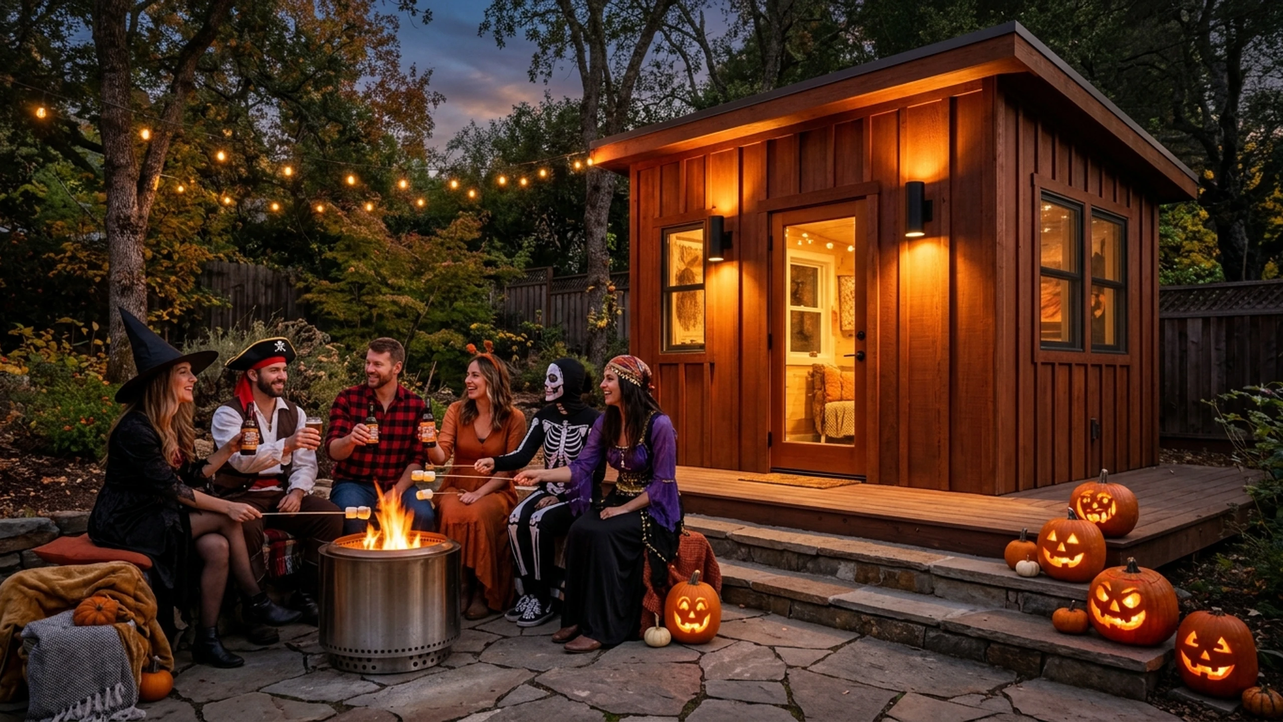 10x12 Sutter Studio twilight patio with illuminated carved jack-o-lanterns, smokeless fire pit, and friends enjoying s'mores in Halloween costumes