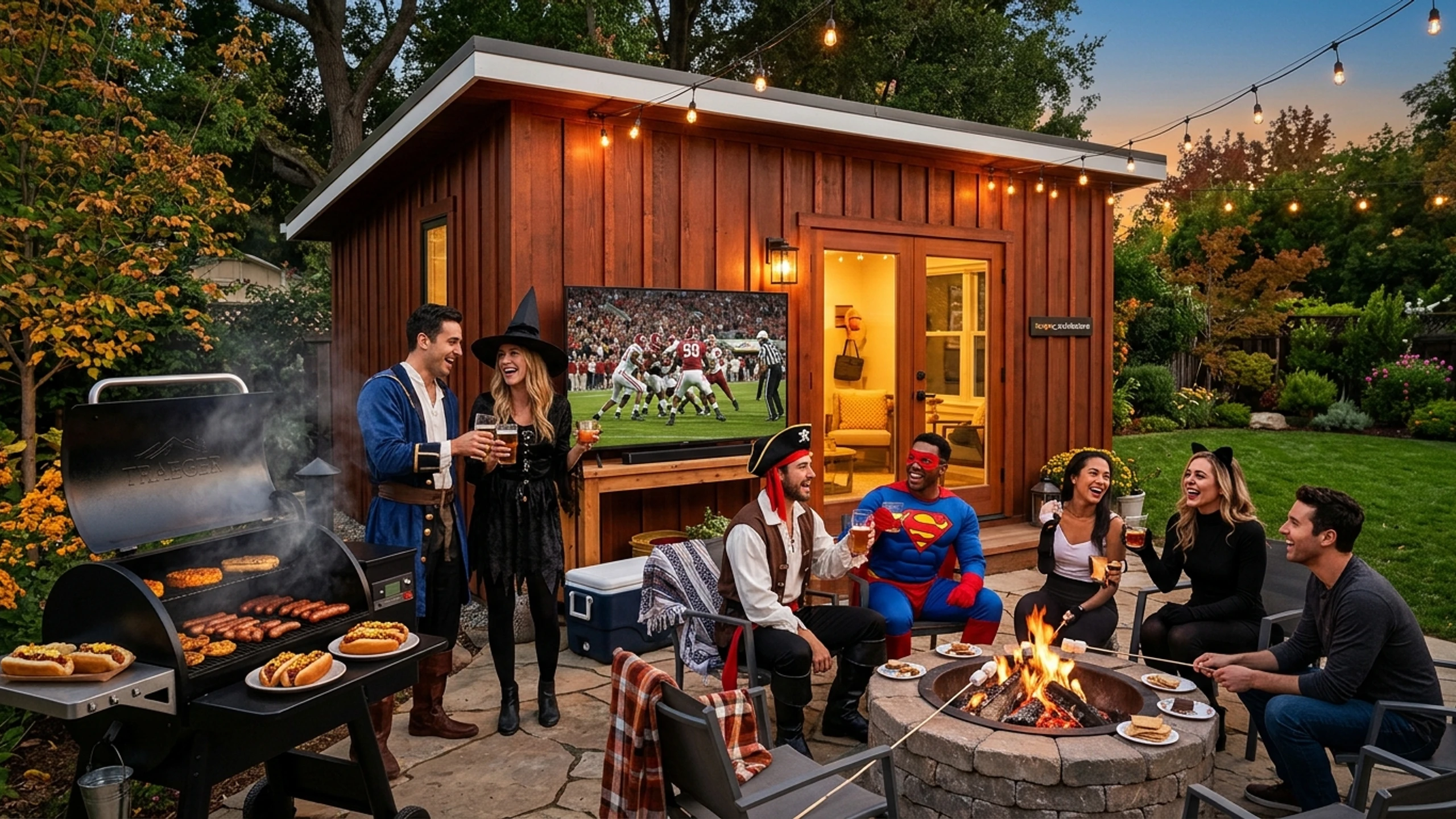10x12 Sutter Studio backyard tailgate football watch party with BBQ chili cheese dogs, fire pit, and Halloween costumes