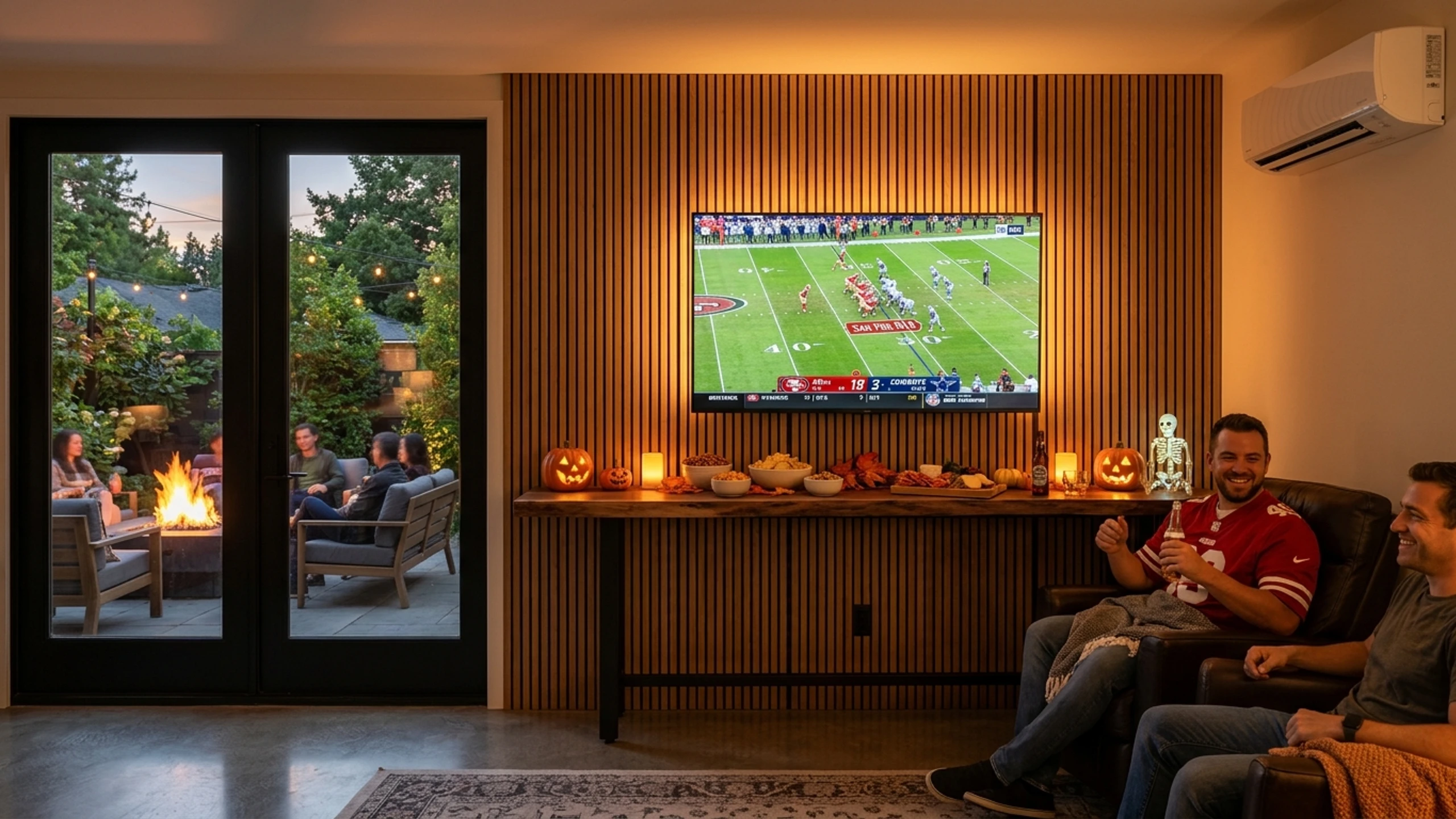 10x12 Sutter Studio luxurious mancave interior with vertical wood slat focal wall, 65 inch TV showing live football game, live-edge walnut bar, and mini-split AC