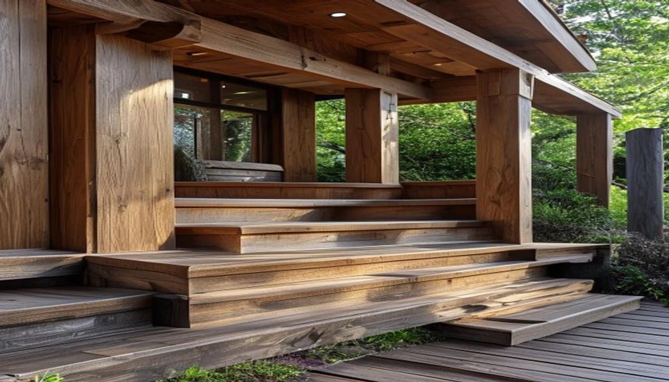 Custom redwood deck stair steps and built-in bench seating Yuba City CA