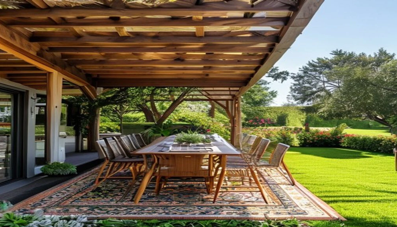 Outdoor deck dining space under cedar pergola Yuba City CA