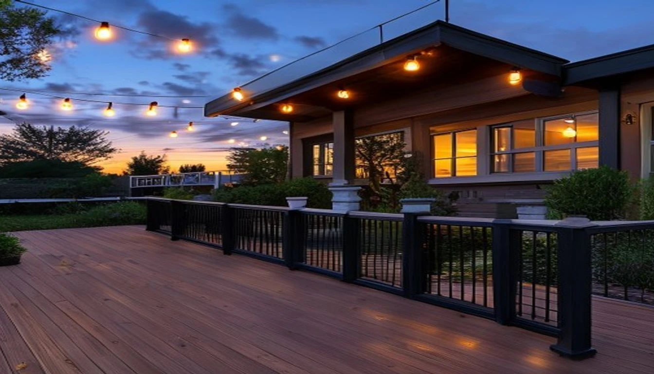 Multilevel wooden deck with aluminum balusters and LED lights Yuba City CA