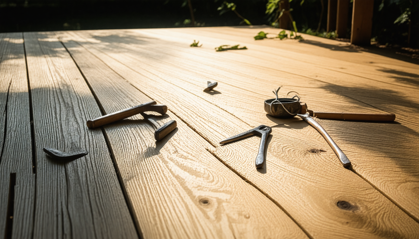 Handyman repairing a loose deck board at a Yuba City home