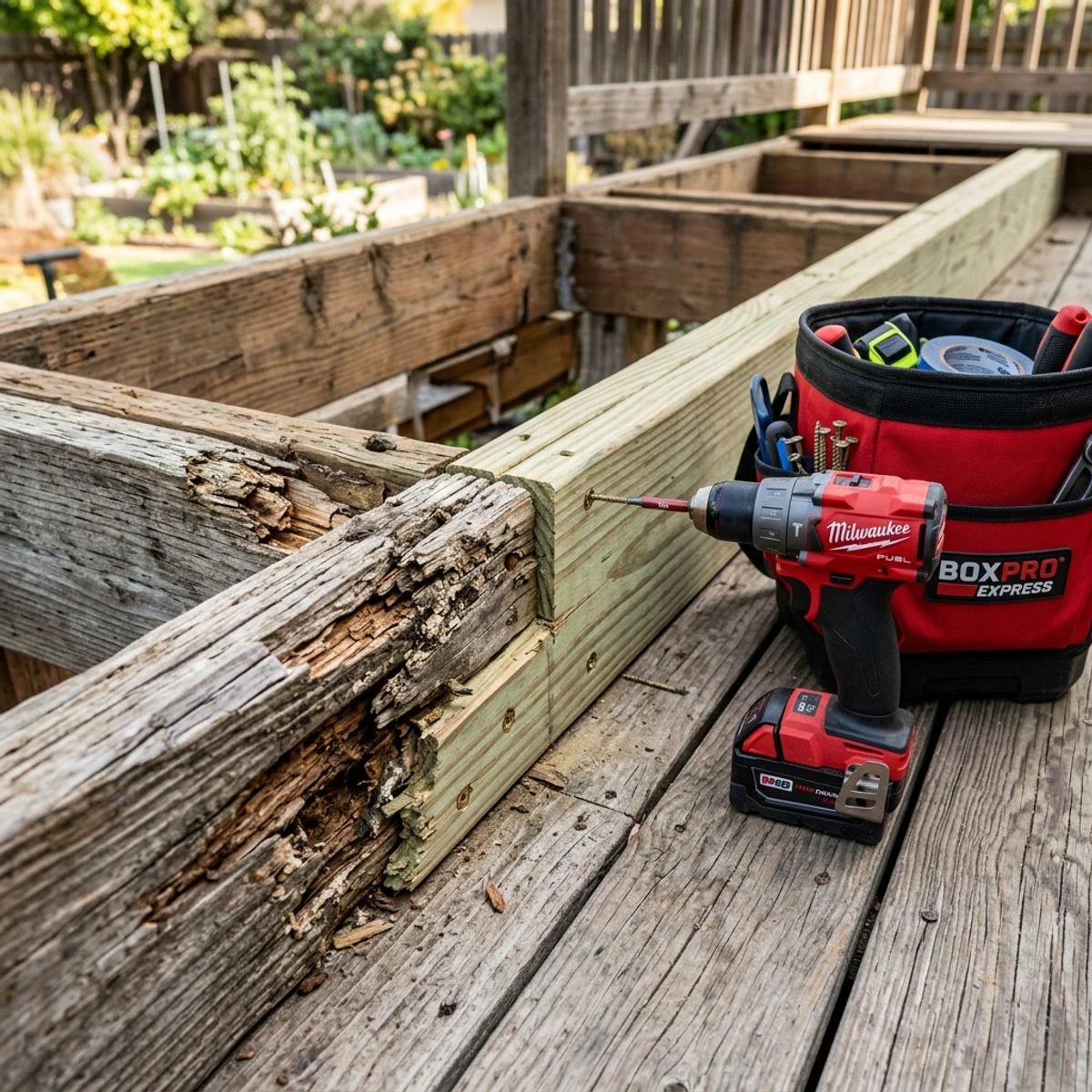 handyman services process at Yuba City residence — Step 1: Yuba City homeowners dread discovering rot under their deck boards after a dry winter.