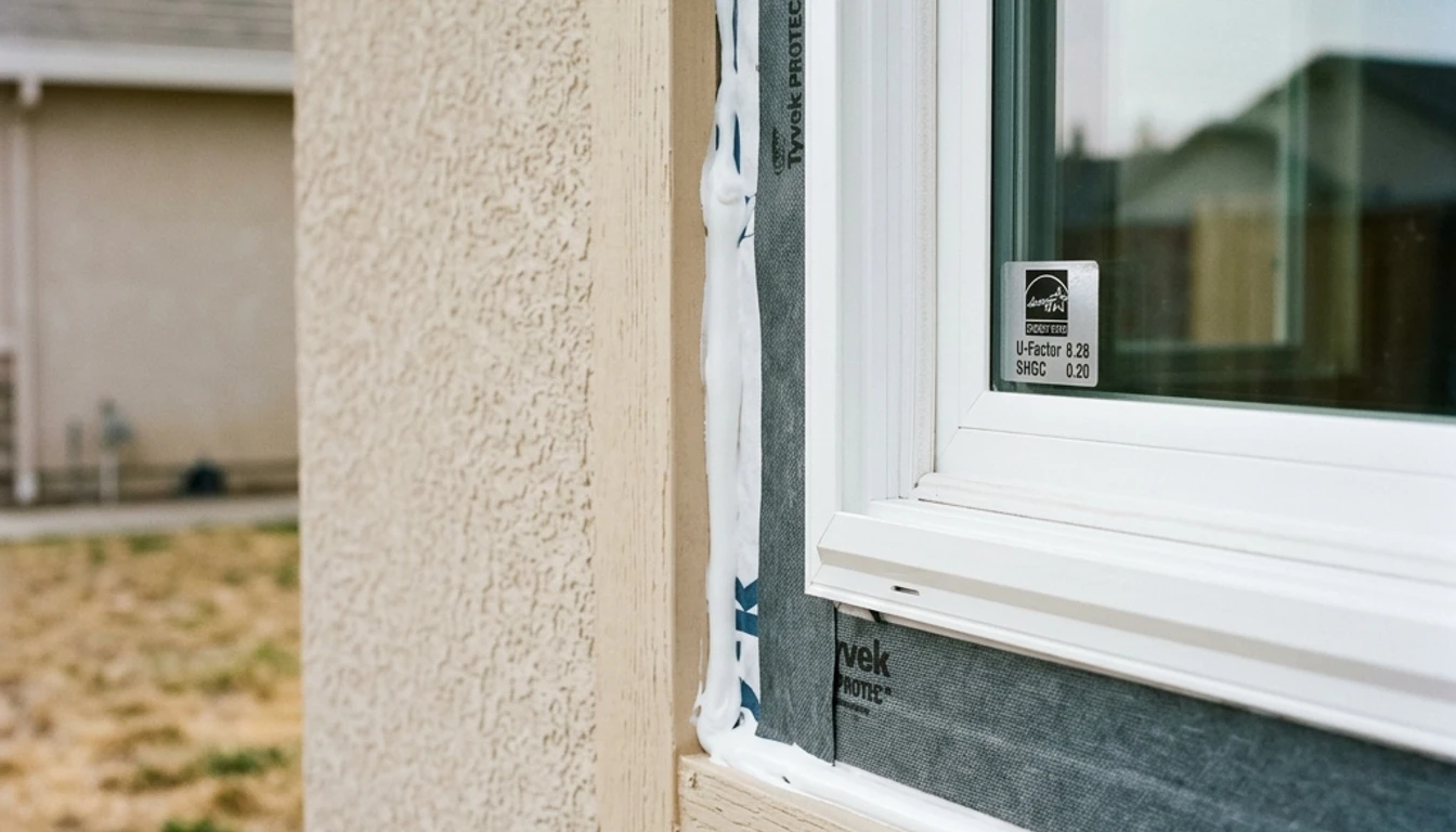 Handyman installing weather-sealed vinyl window frame in Yuba City CA