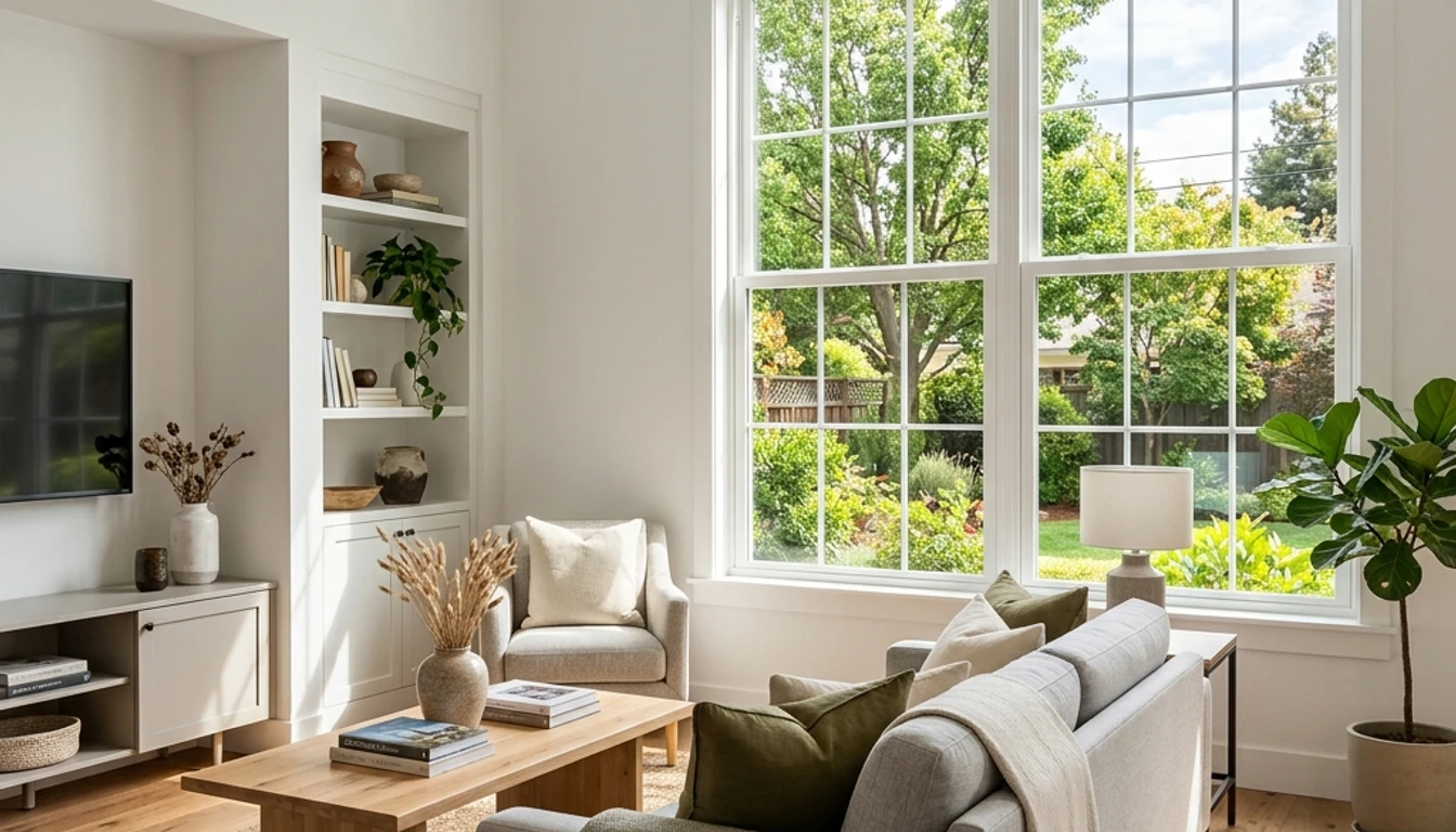 Double-hung vinyl window living room interior Yuba City CA