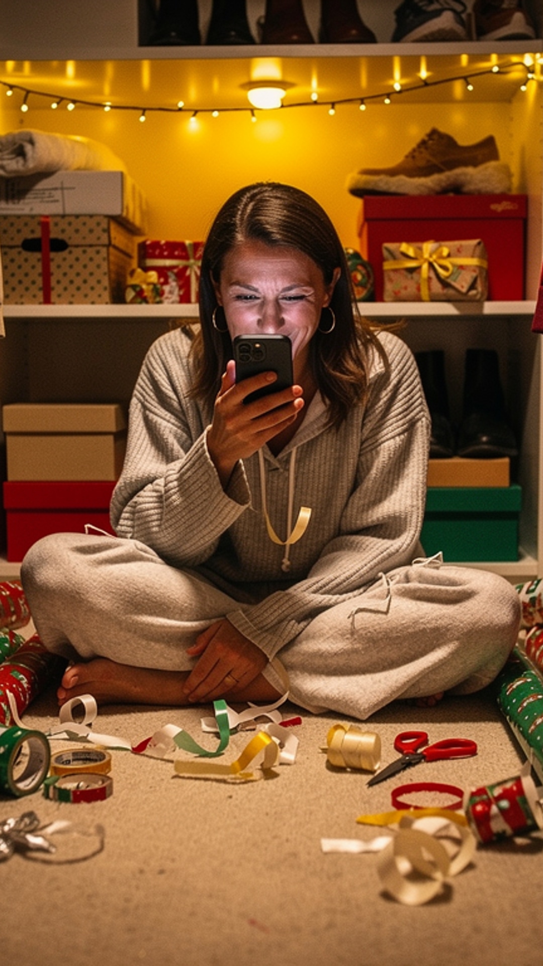 Parent struggling to wrap gifts on bedroom floor with tangled tape and paper