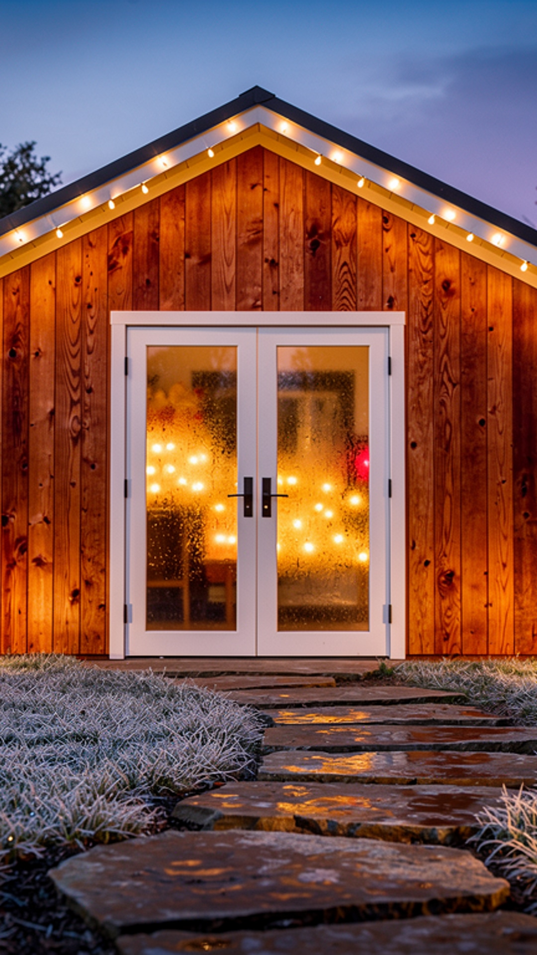 15x8 redwood holiday chalet in Yuba City garden at twilight with glowing fairy lights