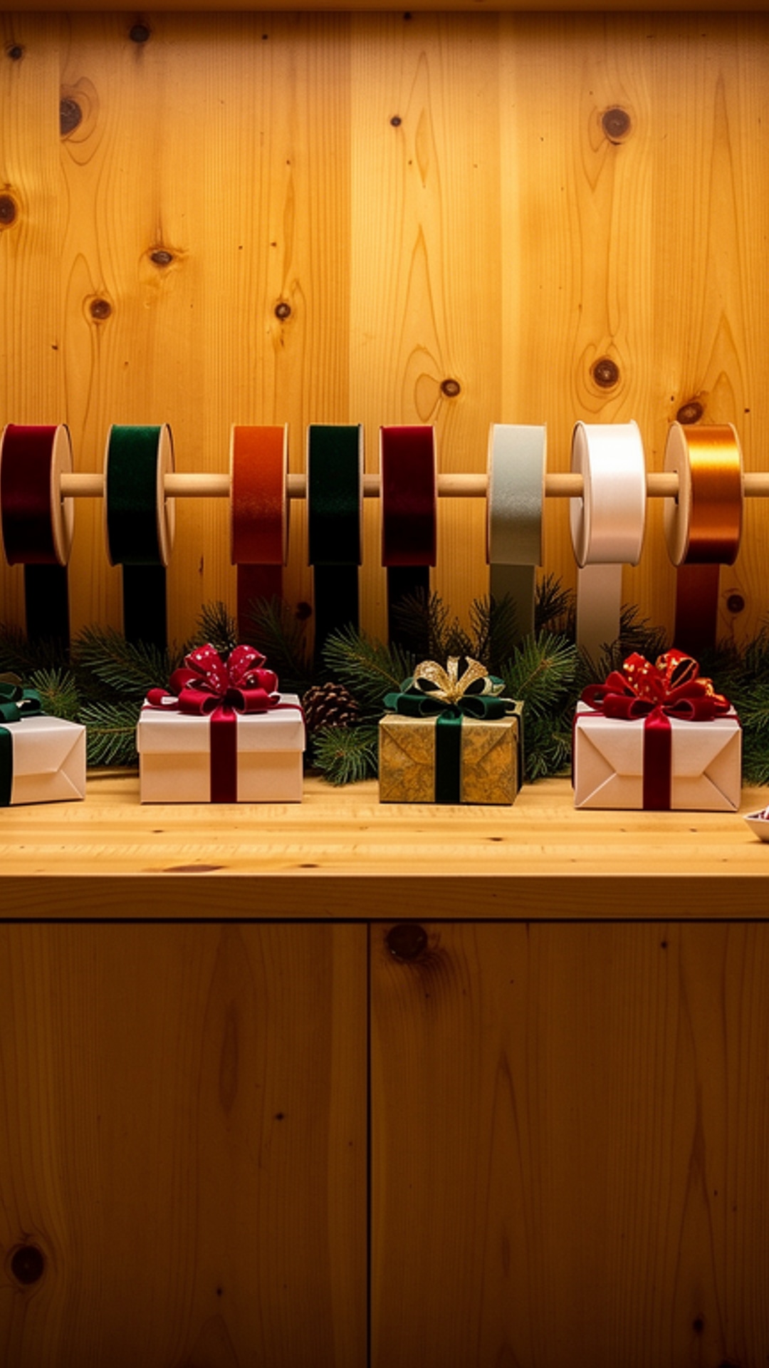 Gift wrapping station with velvet ribbons and butcher block counter inside 15x8 shed