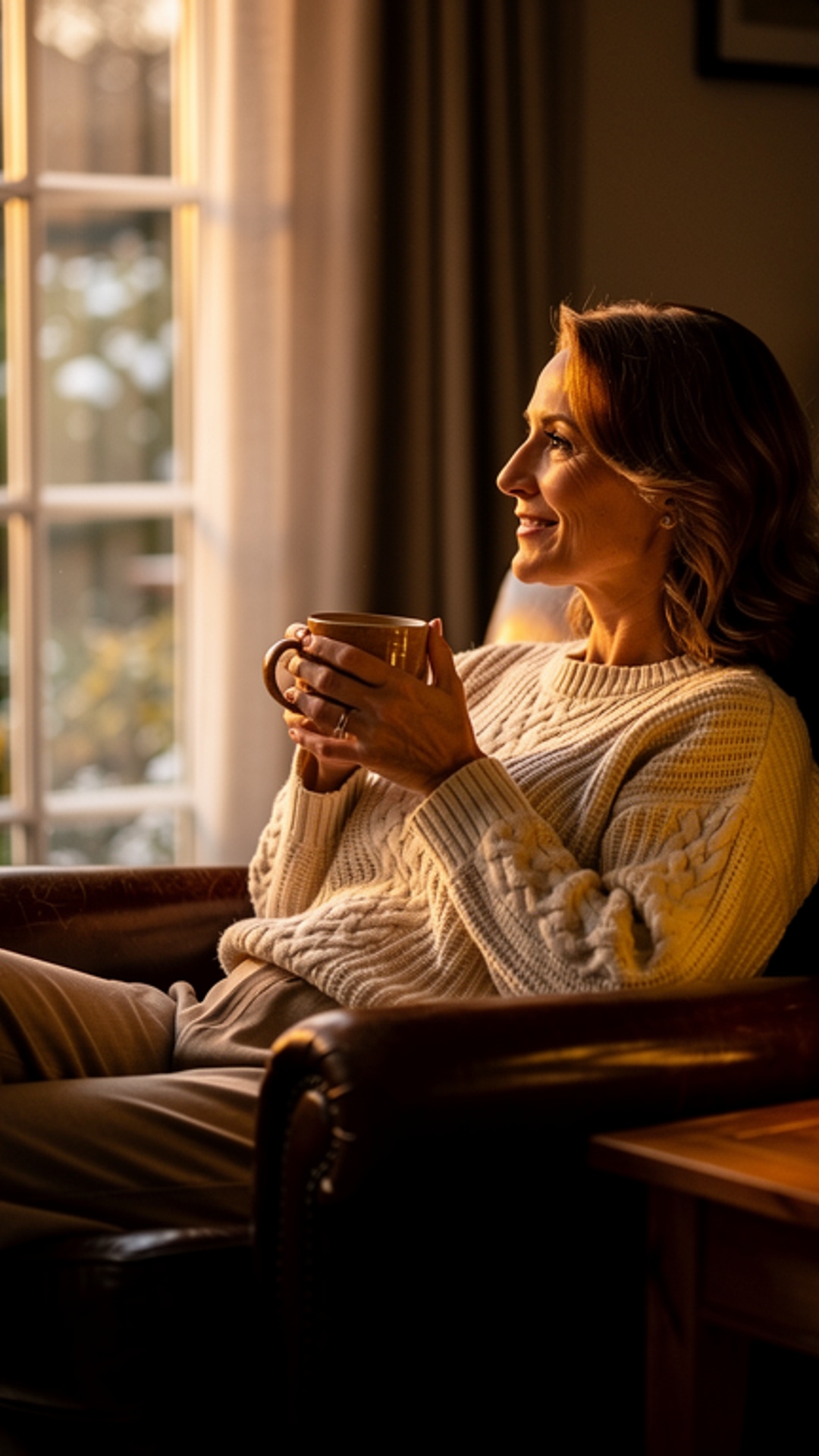 Cozy armchair retreat with hot cocoa mug inside festive holiday shed